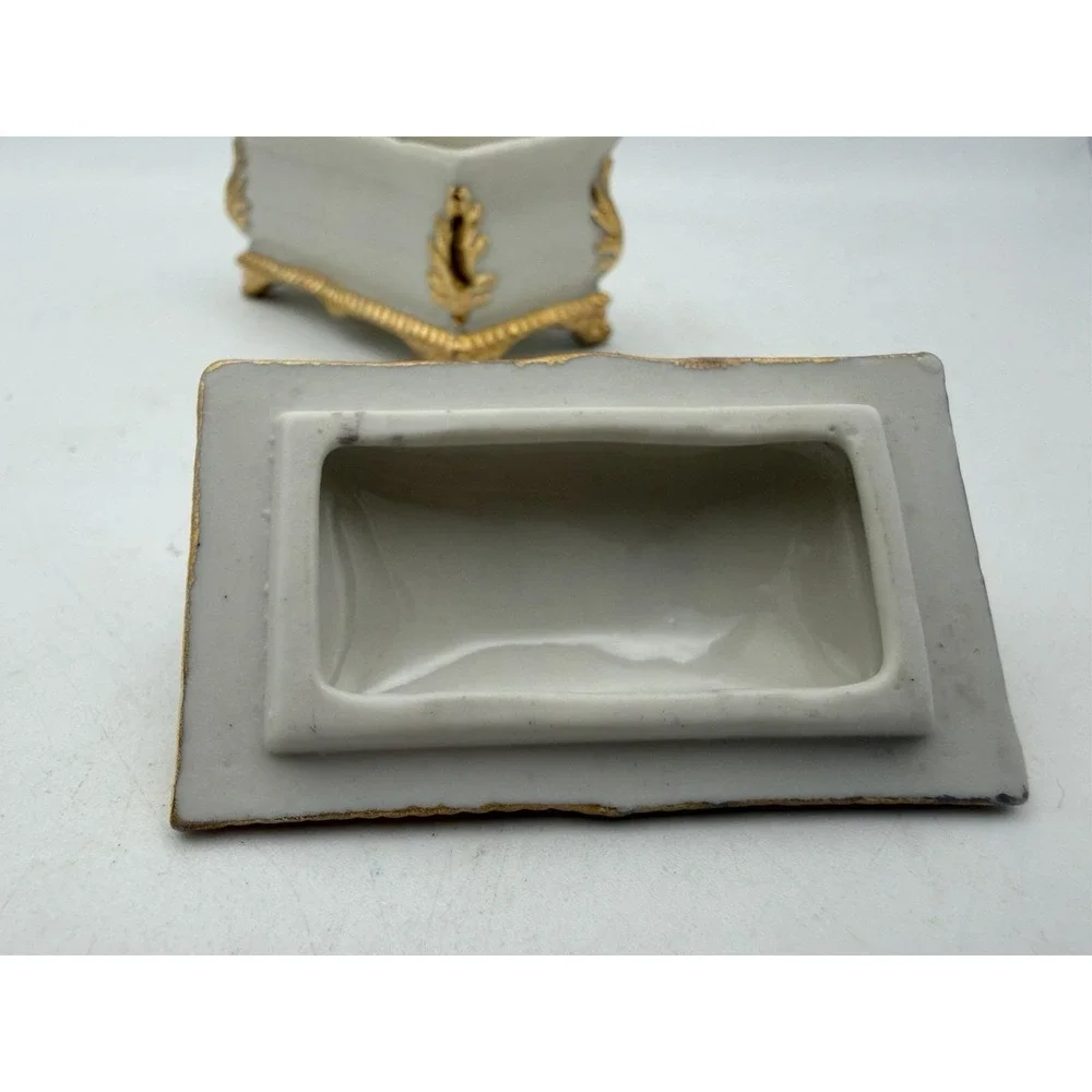 Vintage Miniature Porcelain Trinket Box White Gold Gilt Footed Casket 2.25